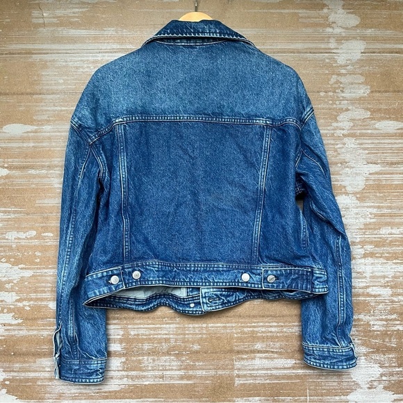 Free People Crop Denim Trucker Jacket Western Preppy Boho Dark Wash Womens L - Picture 5 of 6